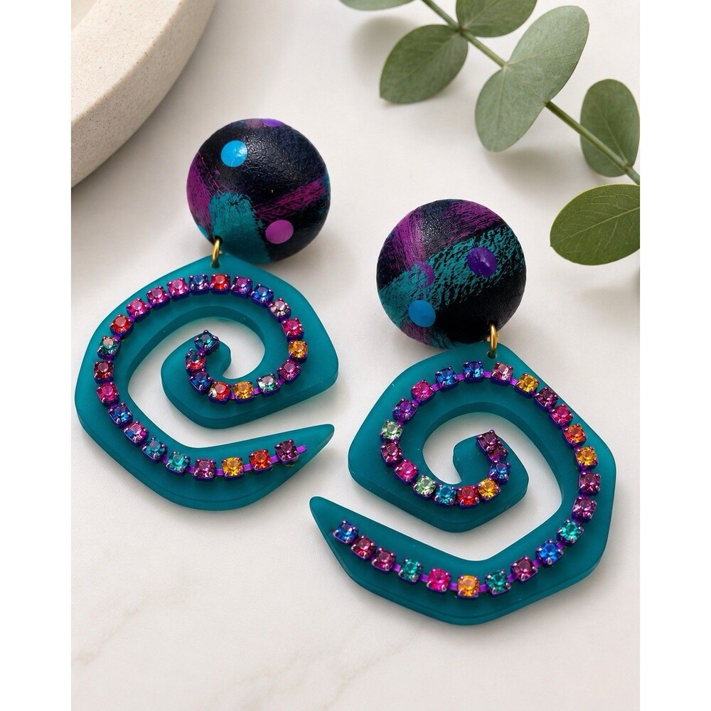 80s Memphis Style Teal Lucite Spiral Clip-On Dangle Earrings Colorful Rhinestone